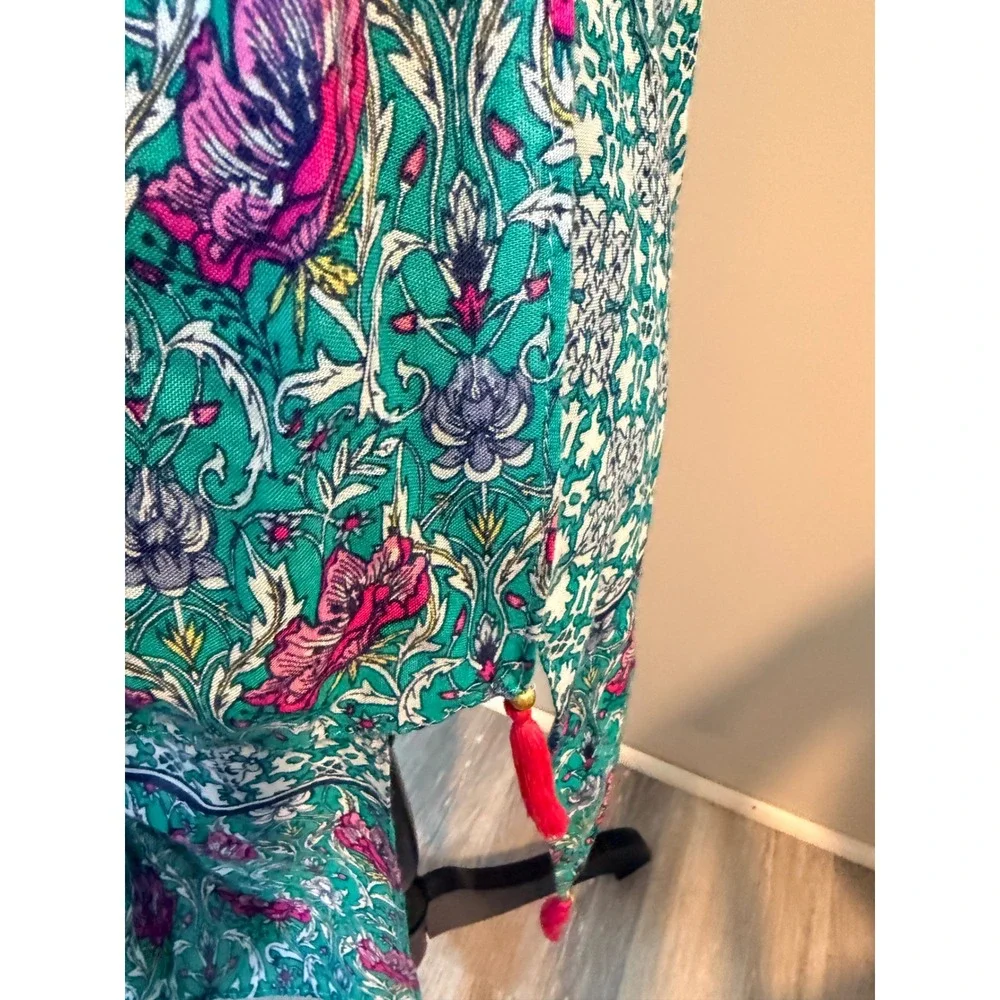 Moss Rose Green Floral Geometric Tassel Kimono‎ Wrap Scarf One Size O/S
